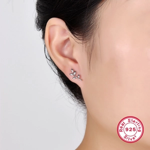 S925 sterling silver leaf earring studs with zirconia stones in shiny silver finish