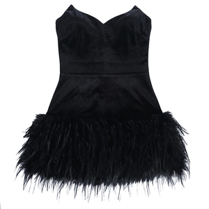 Close-up of velvet tube dress featuring premium black feather trim on the hemline