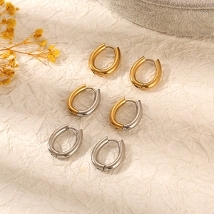 Oval Hoop Earrings 18K Gold Plated Stainless Steel Minimalist Geometric Huggie Ear Buckle High Polished Commute For Women
