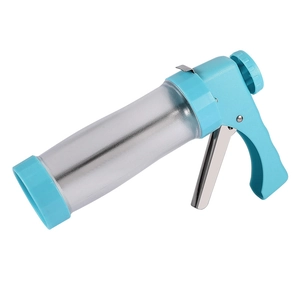 Cookie press gun and icing nozzles set for DIY baking in light blue and clear plastic