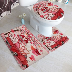 Three-piece Valentine's Day bathroom mat set with love truck and gnome designs