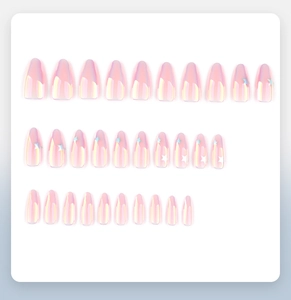Macro shot of 30pcs gradient pink almond press-on nails with silver star laser patterns