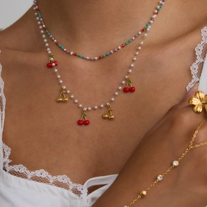 18K gold plated stainless steel necklace with cherry pendant and pearl accents for women