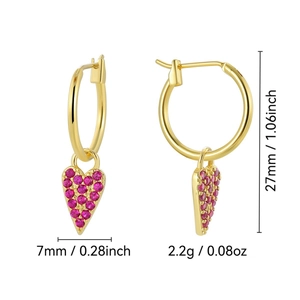 Gold-plated heart earrings with purple zircon inlays, 27mm height front and side views