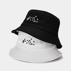 Bucket Hat Cotton Twill Star Moon Embroidery Sun Protection Outdoor Korean Style Casual Sun Hat For Men Women