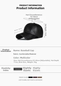 Tableau des tailles détaillé pour casquette rétro en similicuir avec tour de tête réglable
