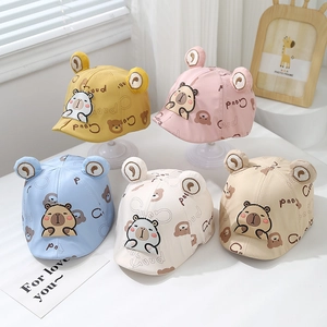 Cute baby sun hats with bear ears and cartoon prints in five vibrant colors for summer