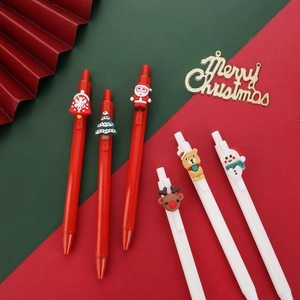 Christmas themed retractable gel pens with Santa and reindeer motifs in red and white tones