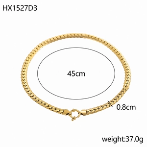 Flat snake chain necklace in 14K gold plating showing 45cm length and 0.8cm width specs