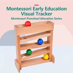 Wooden Montessori visual tracker with four colorful balls and layered wooden ramp for toddlers