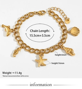 Détail du bracelet océan plaqué or avec pendentifs étoile de mer et hippocampe