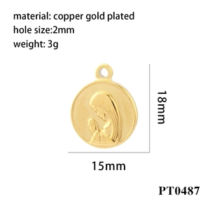 Detailed specs of 15mm gold plated religious Virgin Mary medal pendant with 2mm hole