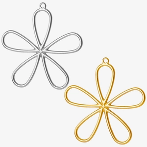 Detailed macro view of 304 stainless steel hollow flower pendants in gold and silver