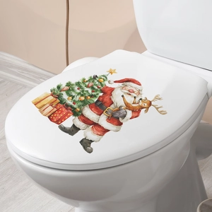 Christmas toilet lid decal featuring Santa Claus, reindeer, and tree on a white seat