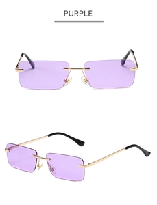 Detail view of purple rimless rectangular sunglasses with gold metal spring hinge temples