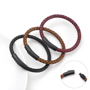 Three braided leather bracelets in black, brown and wine red with magnetic clasps