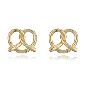 Golden knot earrings for women with multi-colored crystals on a clean white backdrop