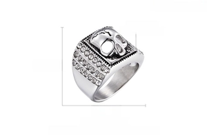 Detailed specs of punk skull ring in stainless steel with zircon stones and dimensions