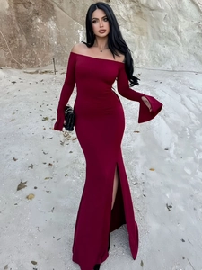 Elegant deep red off-the-shoulder long sleeve dress with high slit for formal evening events