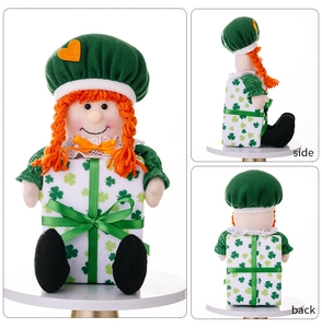 Detailed views of St. Patrick's Day doll with green shamrock pattern and orange braids
