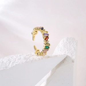 18K gold plated open ring with colorful rainbow rectangular cubic zirconia gemstones