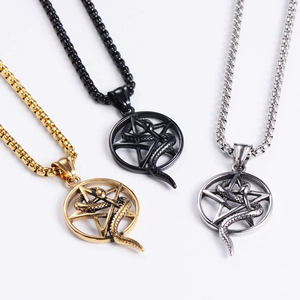 Three minimalist stainless steel snake pentagram pendants in gold, black, and silver finishes