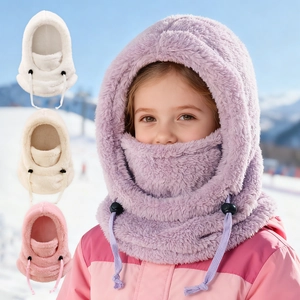 Winter plush fleece hooded scarf hat with adjustable drawstring for children in purple