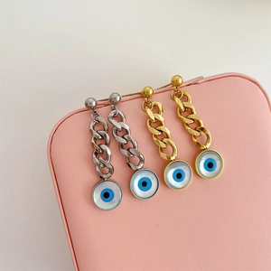 Gothic evil eye earrings in gold and silver finish with chain and round pendant