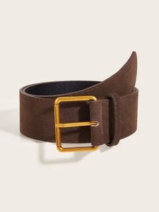 Detail of vintage brown suede wide belt with a matte gold square metal buckle