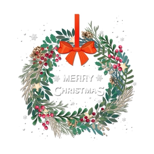 Christmas wreath static window sticker with red bow, pine cones and Merry Christmas text