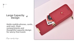 Close-up of a dark red lychee leather crossbody bag with organized card and phone slots