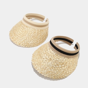 Straw open-top sun hat for women with woven raffia texture and striped ribbon detail