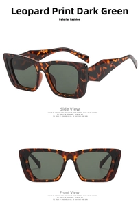 Close-up of leopard print sunglasses with dark green lenses in a vintage square frame