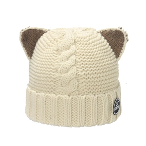 Detail showing knit texture and cute cat ear design of the cream winter beanie