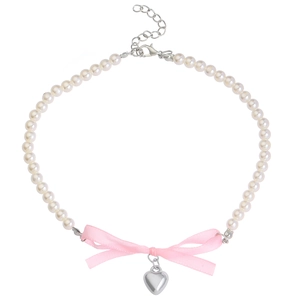 Pink ribbon bow pearl necklace with heart pendant and adjustable lobster clasp chain