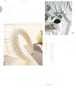 Detail of wide headband featuring full white faux pearl embellishments on a fabric base
