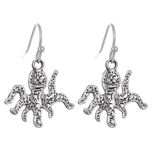 Close-up of vintage silver octopus drop earrings with detailed antique finish texture