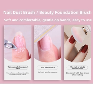 Three-step nail care guide featuring soft powder brush with ergonomic clear handle