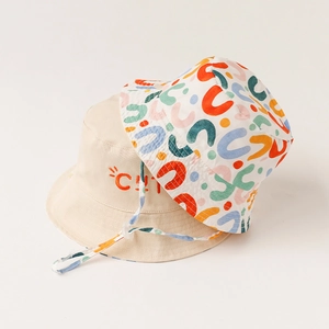 Cotton Reversible Kids Bucket Hat With Adjustable Windproof Strap Cute Embroidery Printed Sun Hat For Toddler Infant
