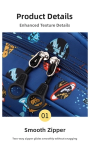 Detail of smooth two-way zippers with large black rings on a space-themed school backpack
