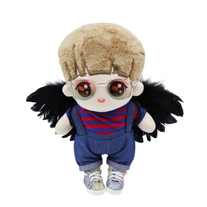Plush doll with glasses, striped shirt, denim overalls and large black feather wings