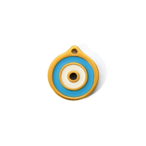 Detailed close-up of a round gold evil eye pendant with blue and white enamel inlay