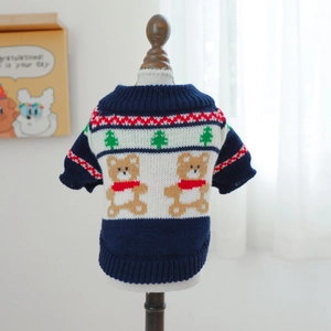 Festive pet knit sweater with bear and tree patterns for small dogs and cats