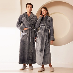Thick grey flannel couple bathrobes with quilted collar detail and waist belt