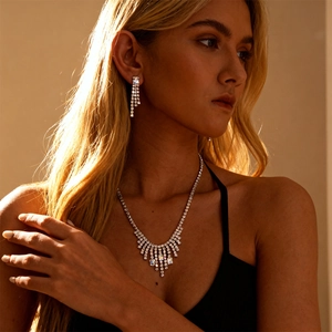 Sparkling zircon geometric square tassel sweater necklace and earring set for women