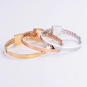 Minimalist hollow geometric bangles in gold, rose gold, and silver stainless steel finishes