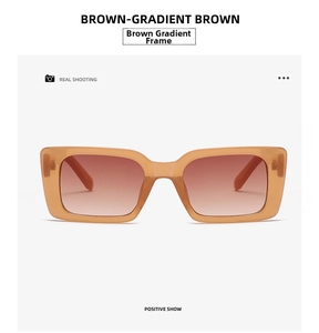Detail view of square retro sunglasses with brown frames and brown gradient lenses