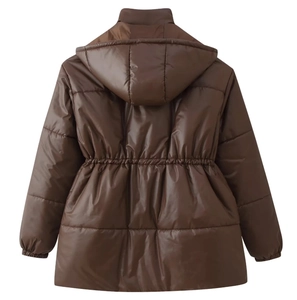 Back view of dark brown quilted winter coat with drawstring waist and hooded design