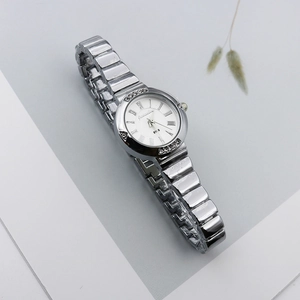 Detailed macro view of silver women's watch featuring Roman numerals and crystal bezel
