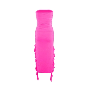 Close-up of pink strapless bodycon dress featuring vertical ruffles and side streamers
